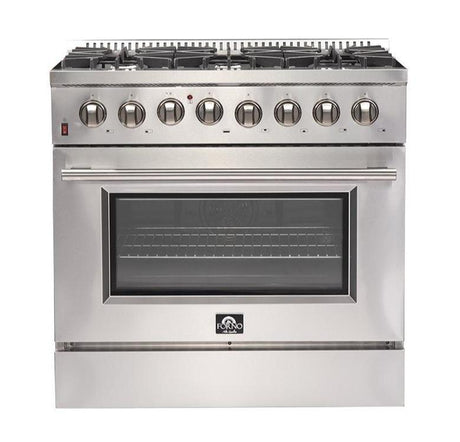 Forno 4-Piece Appliance Package - 36-Inch Dual Fuel Range, Refrigerator, Microwave Drawer, & 3-Rack Dishwasher in Stainless Steel