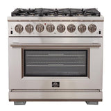 Forno 4-Piece Pro Appliance Package - 36-Inch Dual Fuel Range, Refrigerator, Microwave Drawer, & 3-Rack Dishwasher in Stainless Steel