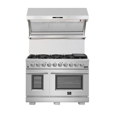 Forno 4-Piece Pro Appliance Package - 48-Inch Gas Range, Premium Hood, French Door Refrigerator, and Dishwasher in Stainless Steel
