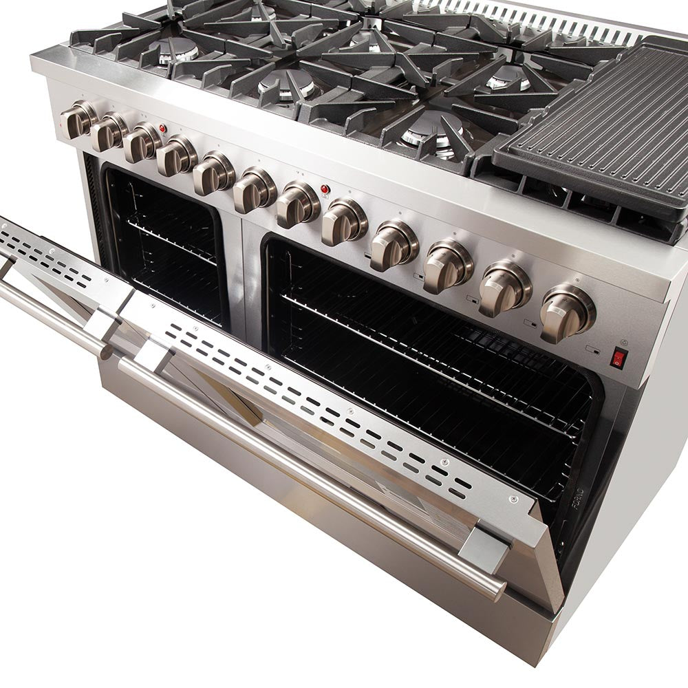 Forno 48-Inch Galiano Dual Fuel Range - Gas Cooktop with 240v Electric Oven - 8 Burners, Griddle, and Double Oven (FFSGS6156-48)