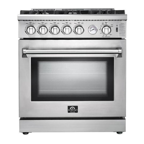 Forno 5-Piece Appliance Package - 30-Inch Gas Range, Refrigerator with Water Dispenser, Wall Mount Hood with Backsplash, Microwave Drawer, & 3-Rack Dishwasher in Stainless Steel