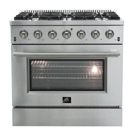 Forno 3-Piece Appliance Package - 36-Inch Gas Range, Refrigerator, & Wall Mount Hood in Stainless Steel