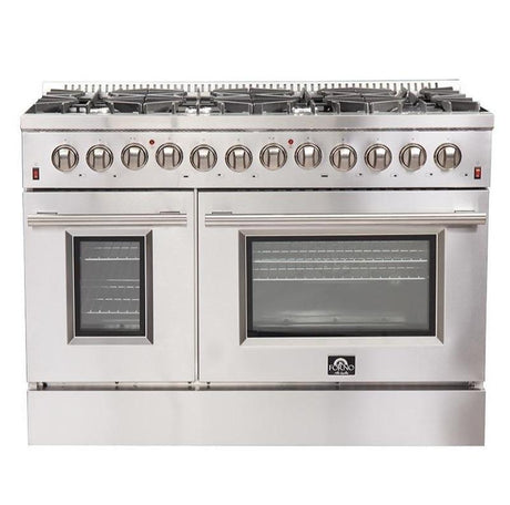 Forno 4-Piece Appliance Package - 48-Inch Dual Fuel Range, Refrigerator, Wall Mount Hood, & 3-Rack Dishwasher in Stainless Steel