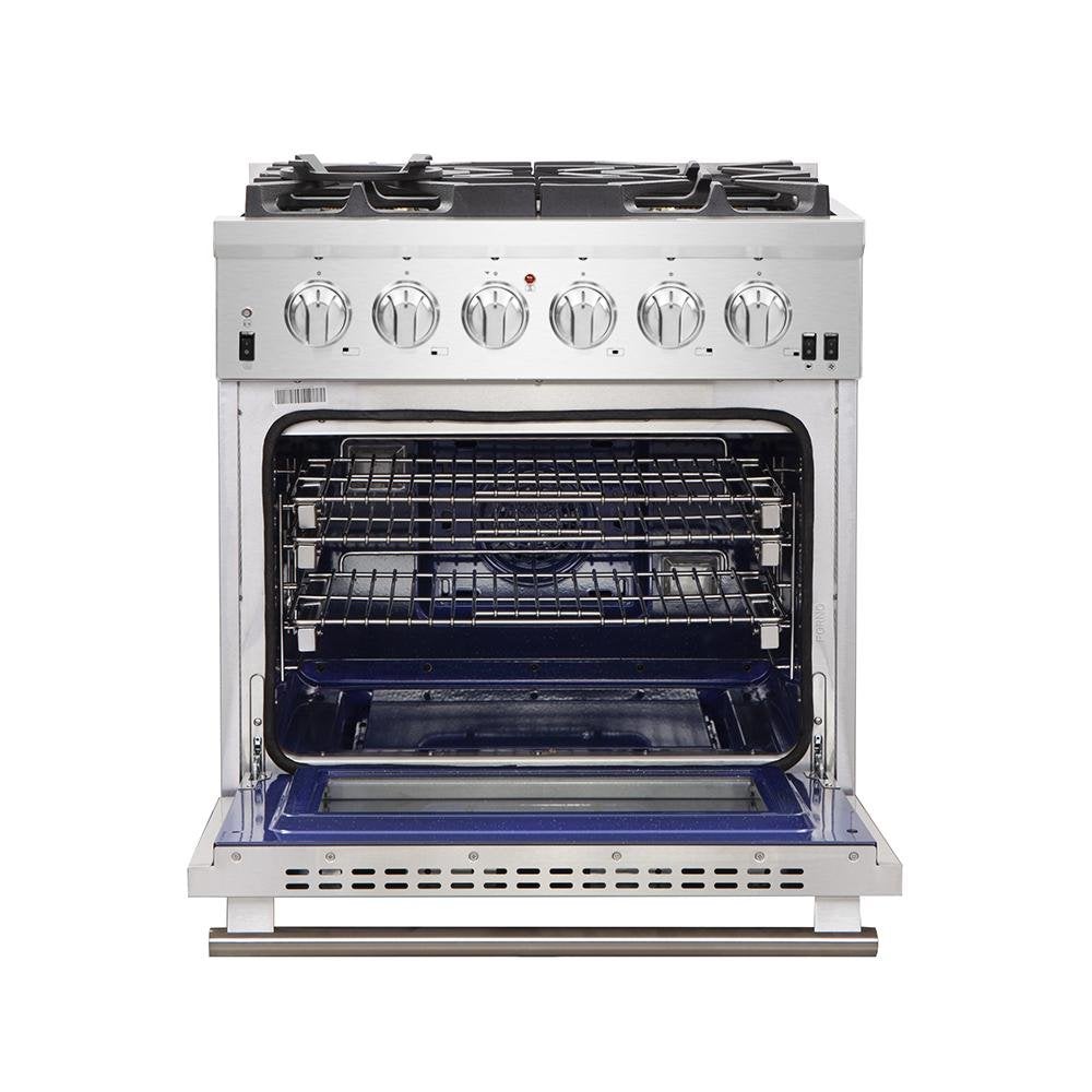 Forno 5-Piece Pro Appliance Package - 30-Inch Gas Range, Refrigerator, Wall Mount Hood, Microwave Drawer, & 3-Rack Dishwasher in Stainless Steel