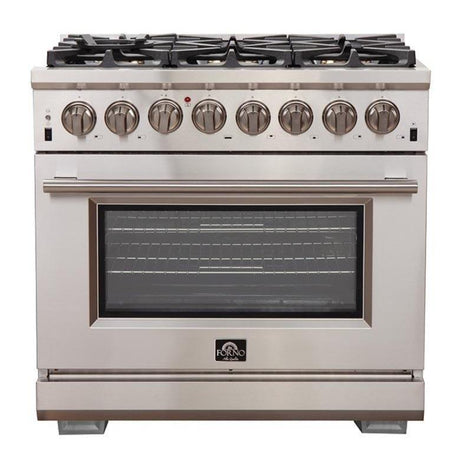 Forno 2-Piece Pro Appliance Package - 36-Inch Dual Fuel Range & Wall Mount Hood with Backsplash in Stainless Steel
