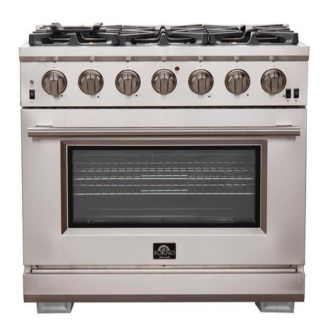 Forno 5-Piece Pro Appliance Package - 36-Inch Gas Range, Refrigerator, Wall Mount Hood with Backsplash, Microwave Oven, & 3-Rack Dishwasher in Stainless Steel