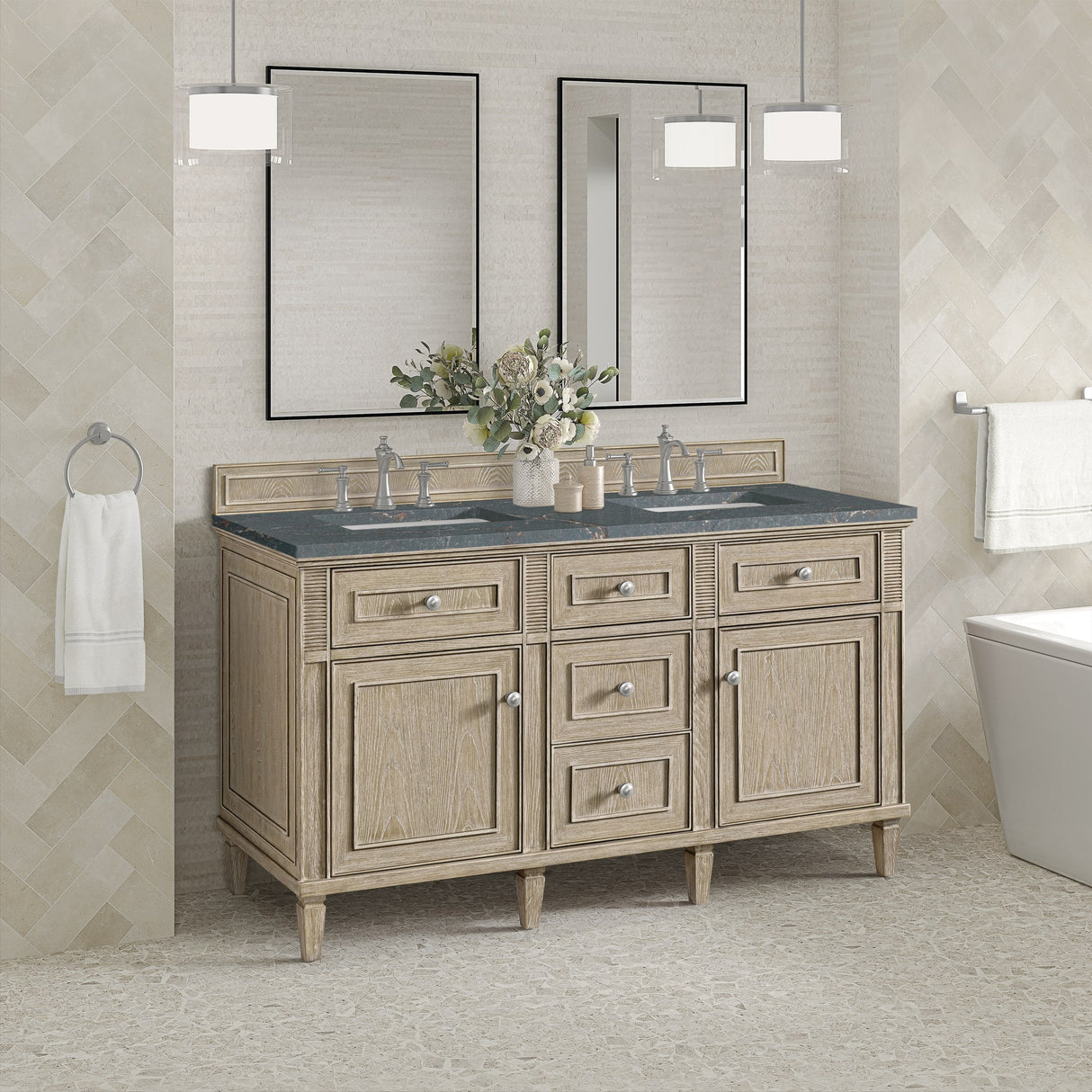Lorelai 60" Double Vanity, Whitewashed Oak w/ 3 CM Parisien Bleu Silestone Top