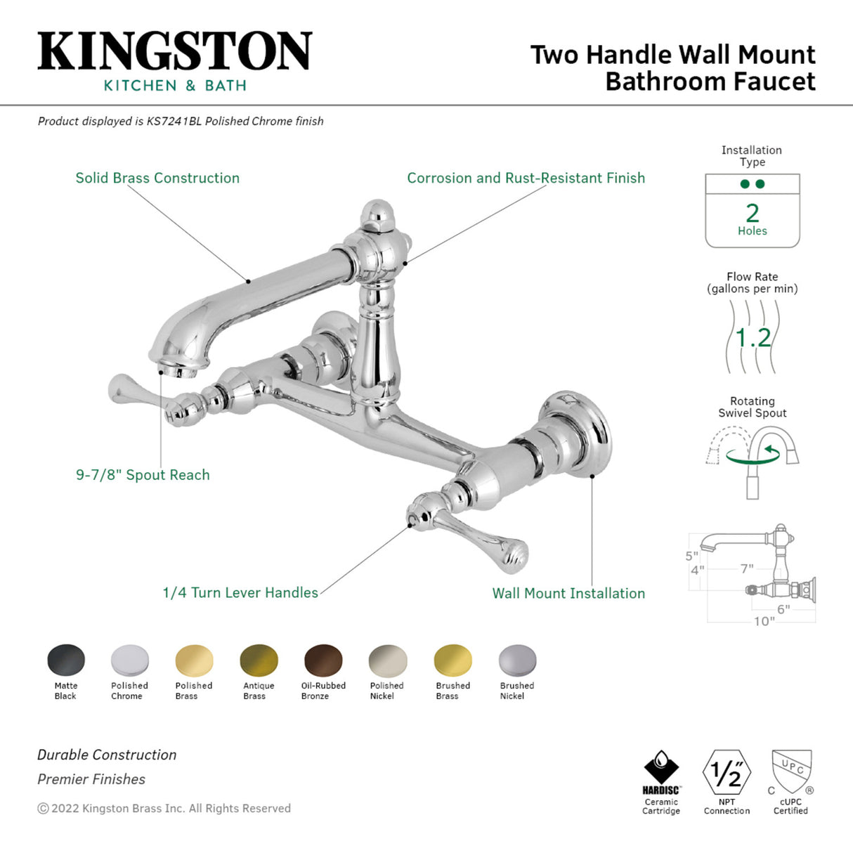Kingston Brass KS7246BL Wall Mount Bathroom Faucet, Polished Nickel