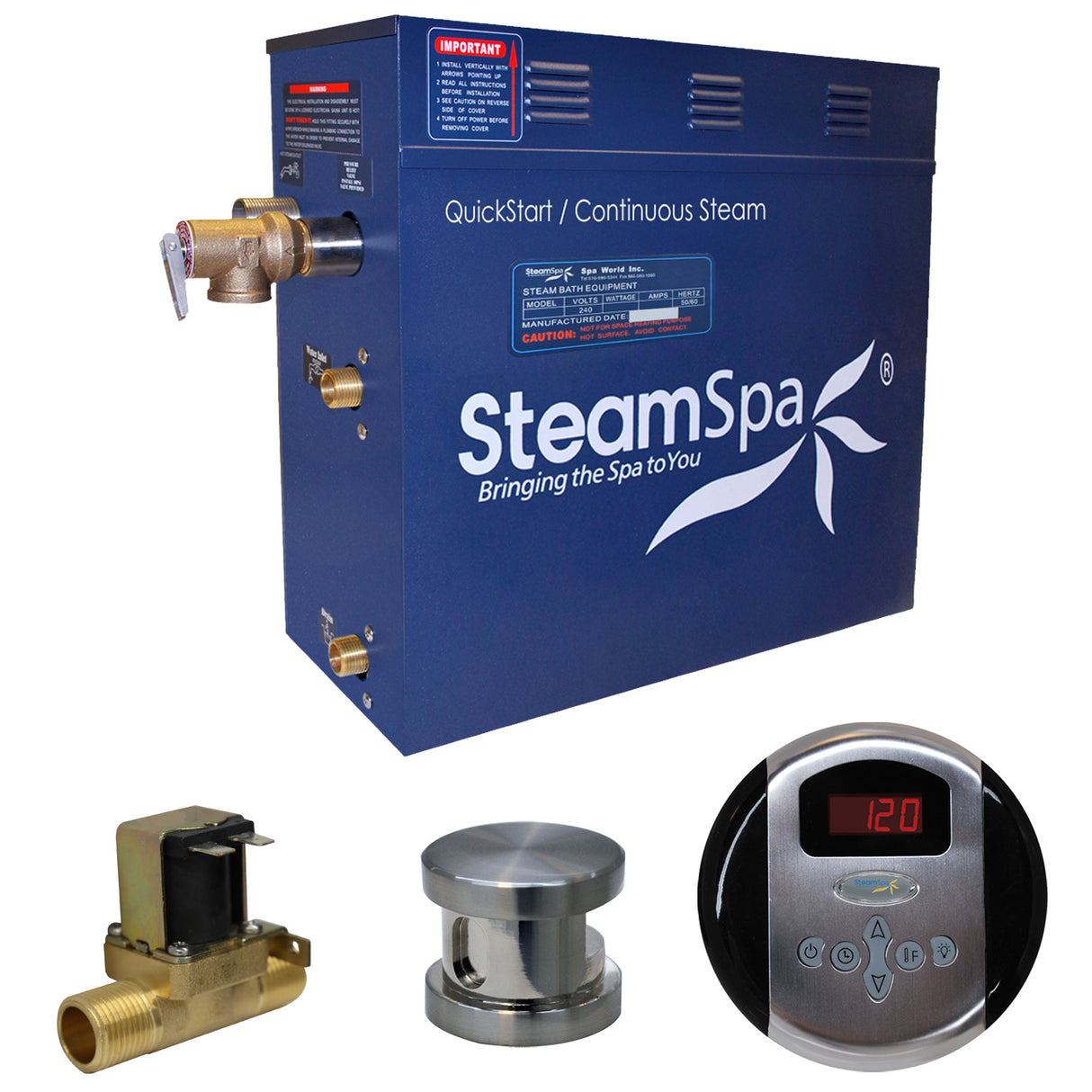 SteamSpa Oasis 7.5 KW QuickStart Acu-Steam Bath Generator Package with Built-in Auto Drain in Brushed Nickel OA750BN-A