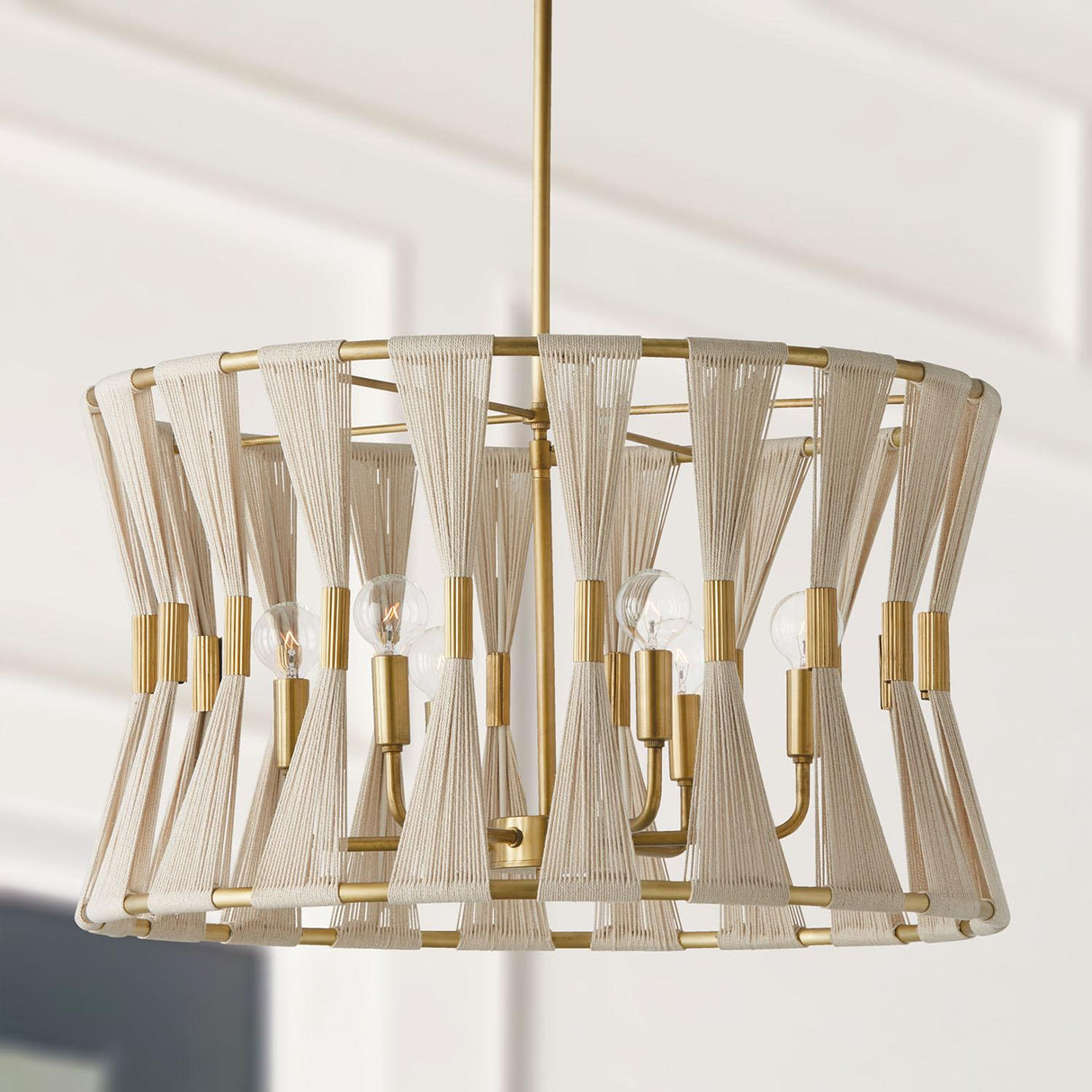 Capital Lighting 341161NP Bianca 6 Light Pendant Bleached Natural Rope and Patinaed Brass