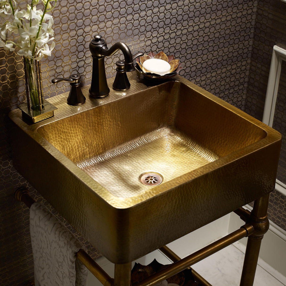 Thompson Traders Palmer Vanity Zacatecas PV-3420ASG Sink: Satin Brass (Hammered)
Vanity: Brass with Glass Shelf