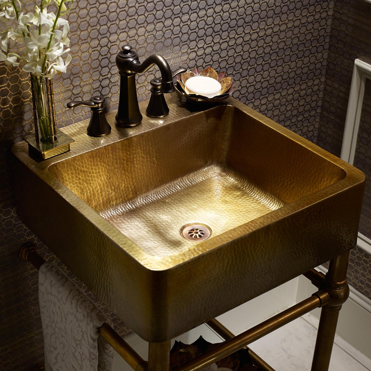 Thompson Traders Palmer Vanity Zacatecas PV-3420ASG Sink: Satin Brass (Hammered)
Vanity: Brass with Glass Shelf