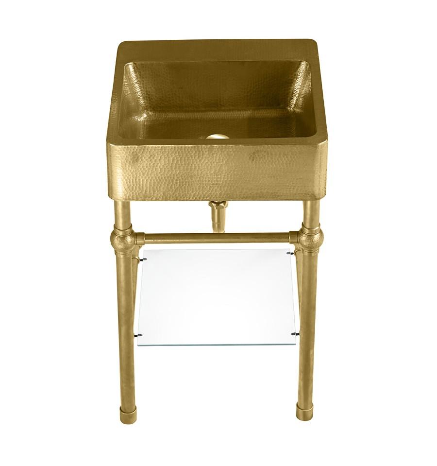 Thompson Traders Palmer Vanity Zacatecas PV-3420ASG Sink: Satin Brass (Hammered)
Vanity: Brass with Glass Shelf