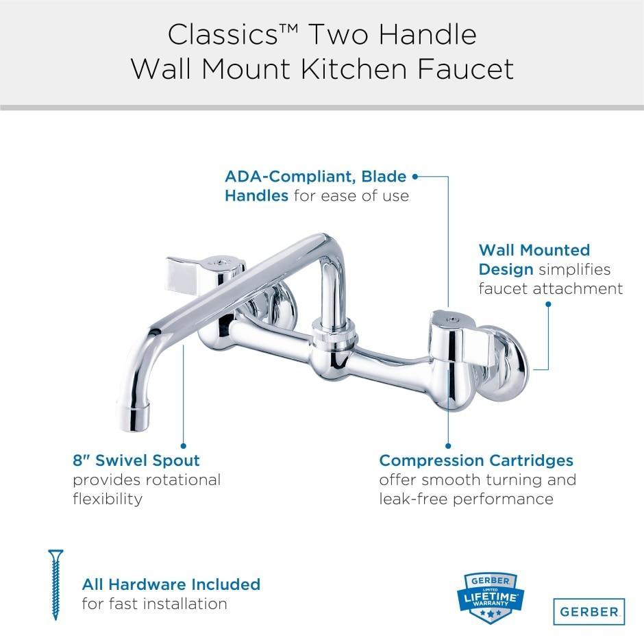 Gerber G0042690 Chrome Classics Two Handle Wall Mount Kitchen Faucet W/ 8" S...