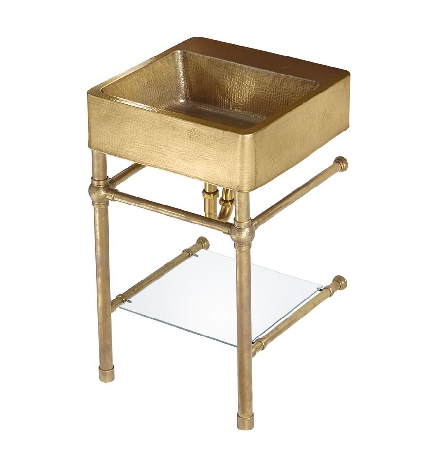 Thompson Traders Palmer Vanity Zacatecas PV-3420ASG Sink: Satin Brass (Hammered)
Vanity: Brass with Glass Shelf