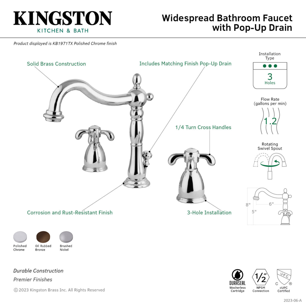 Kingston Brass KB1975TX French Country Widespread Bathroom Faucet with Plastic Pop-Up, Oil Rubbed Bronze