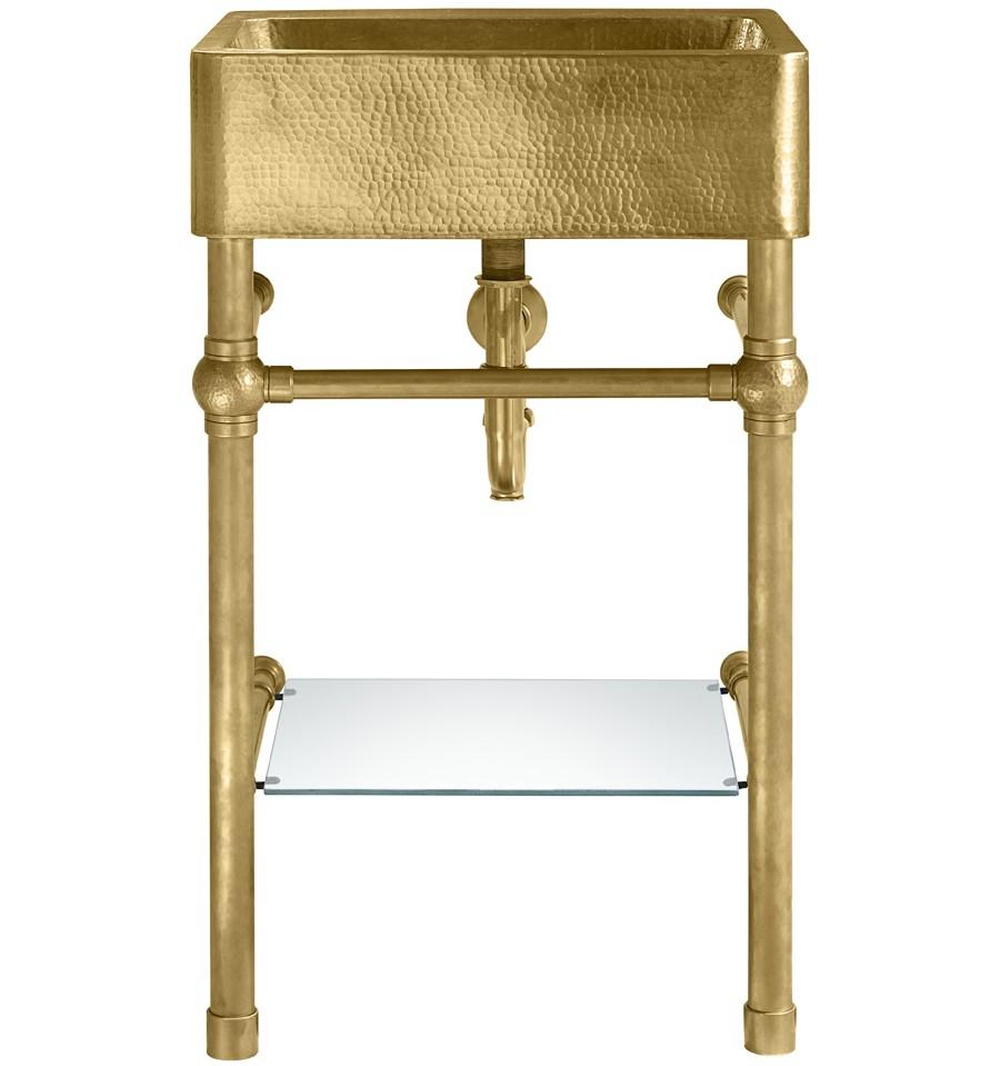 Thompson Traders Palmer Vanity Zacatecas PV-3420ASG Sink: Satin Brass (Hammered)
Vanity: Brass with Glass Shelf