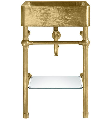 Thompson Traders Palmer Vanity Zacatecas PV-3420ASG Sink: Satin Brass (Hammered)
Vanity: Brass with Glass Shelf