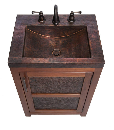 Thompson Traders Petit Rustic Vanity Lerma Chica VTS Sink: Aged Copper
(Hammered)
Vanity: Wood with Integrated Aged Copper Countertop and Sink