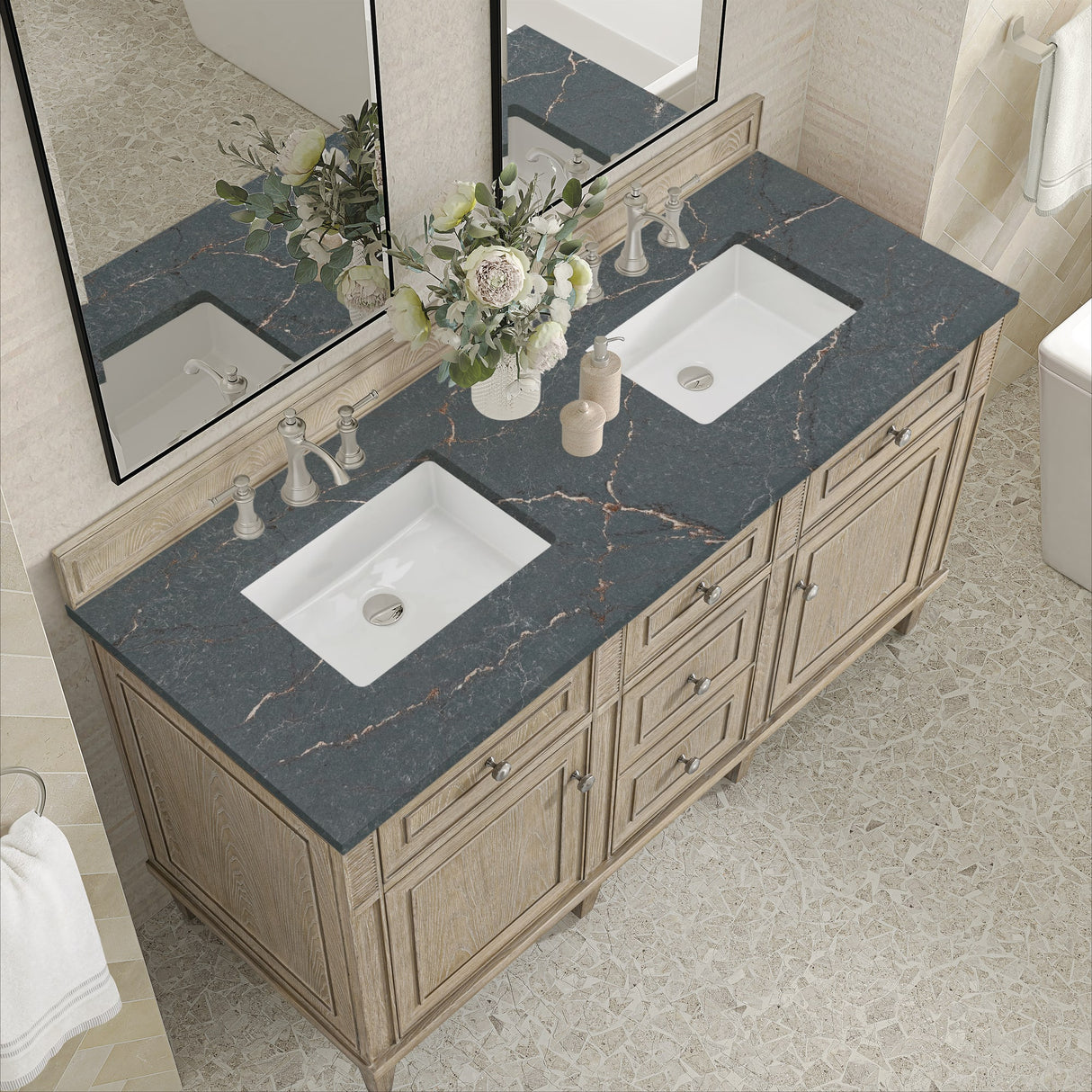 Lorelai 60" Double Vanity, Whitewashed Oak w/ 3 CM Parisien Bleu Silestone Top