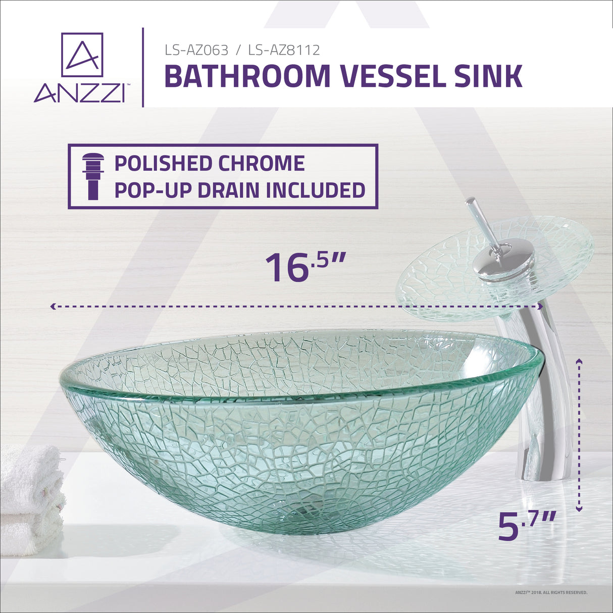 ANZZI LS-AZ8112 Paeva Series Deco-Glass Vessel Sink in Crystal Clear Chipasi with Matching Chrome Waterfall Faucet