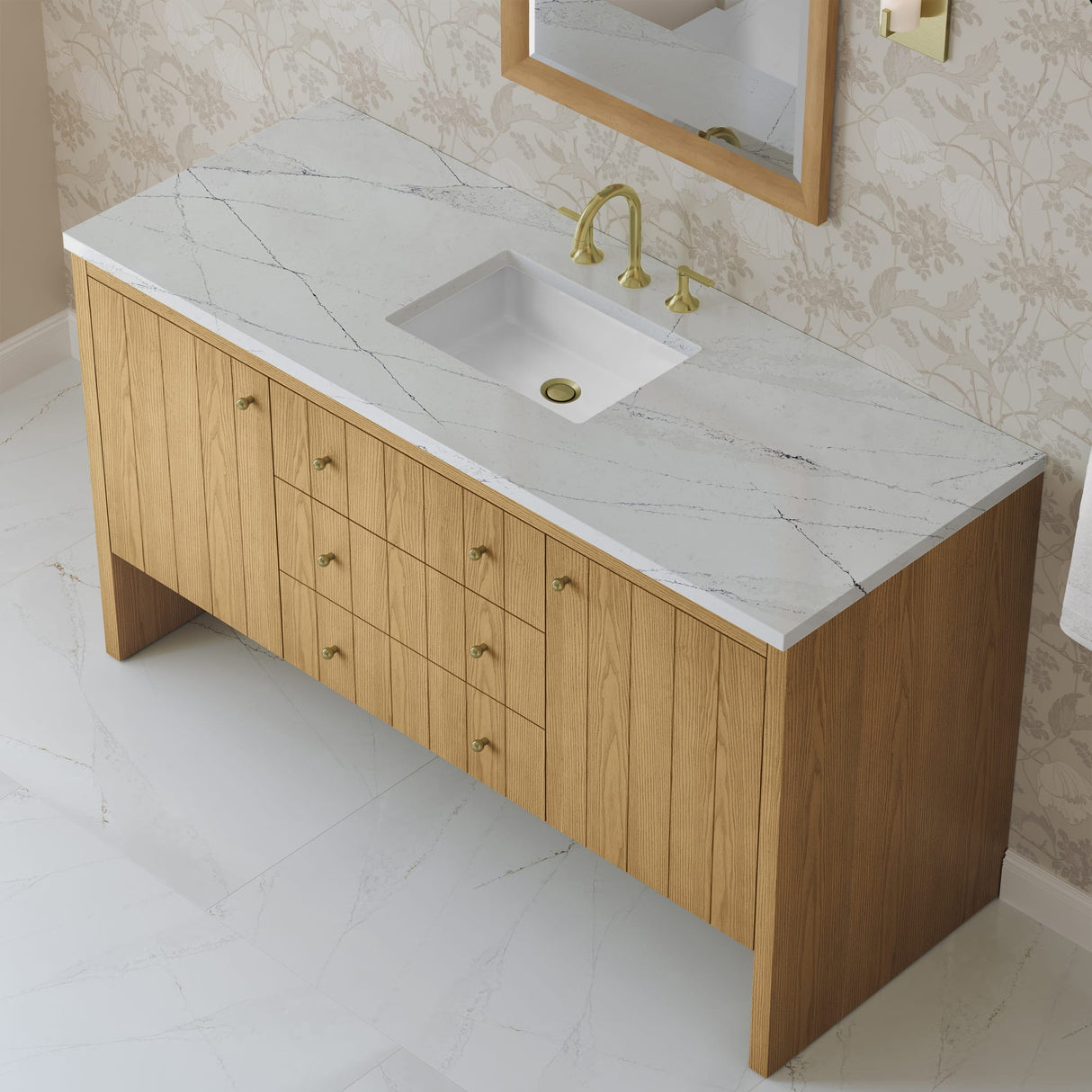 Hudson 60" Single Vanity, Light Natural Oak w/ 3 CM Ethereal Noctis Top w/ FreePower Wireless Charger