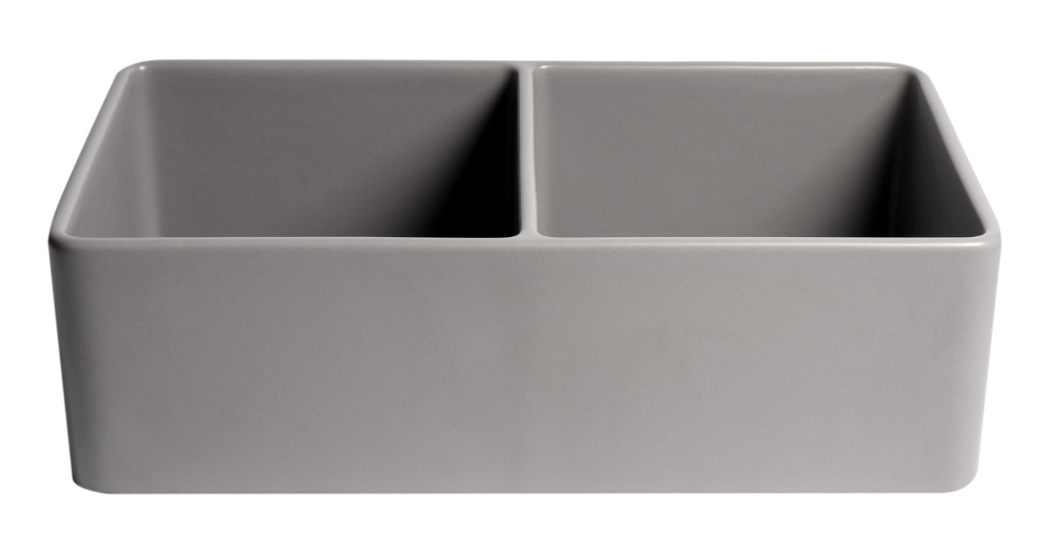 Gray Matte Smooth Apron 33" x 18" Double Bowl Fireclay Farm Sink