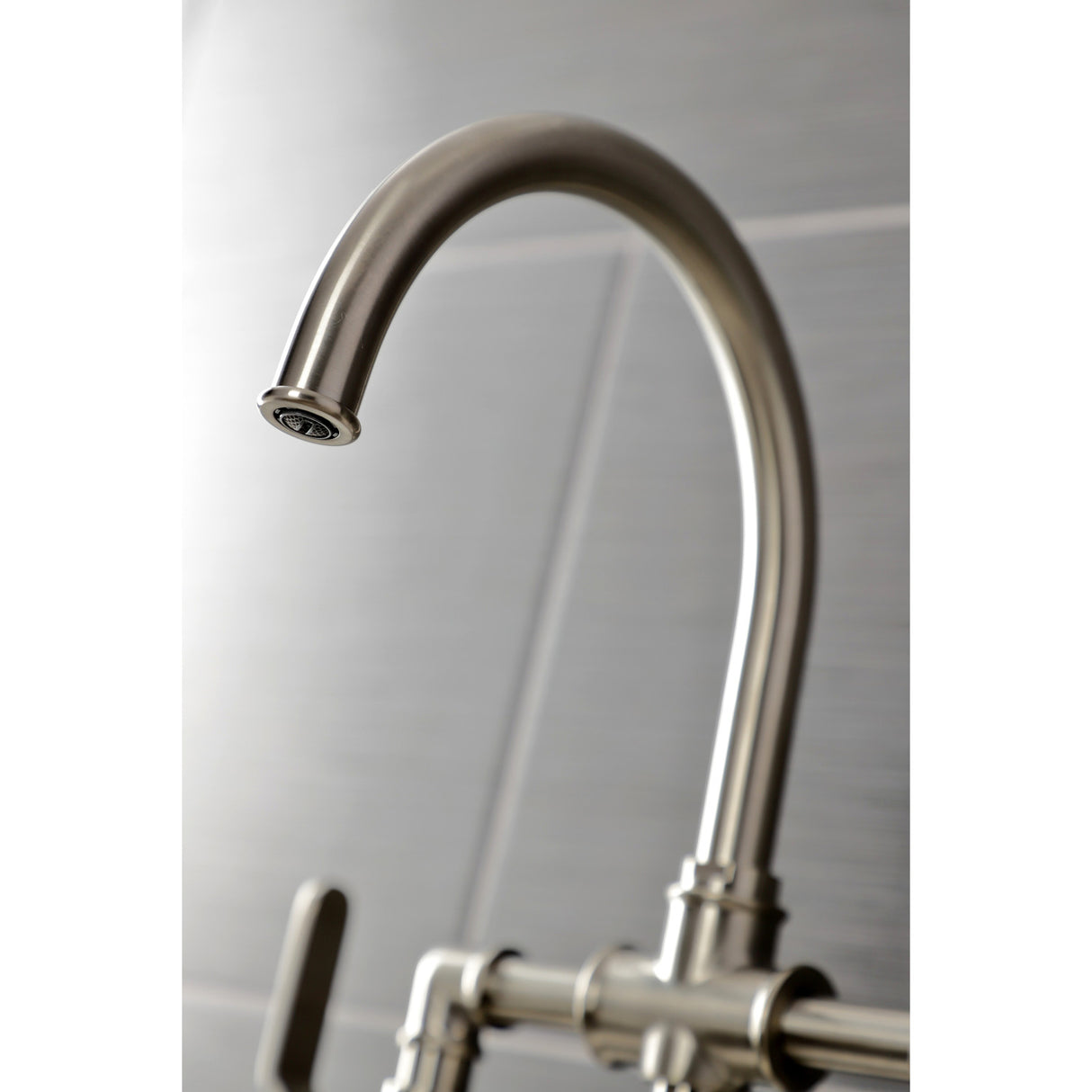 Kingston Brass KS2338KL Whitaker Industrial Style Bridge Kitchen Faucet with Brass Sprayer, Brushed Nickel