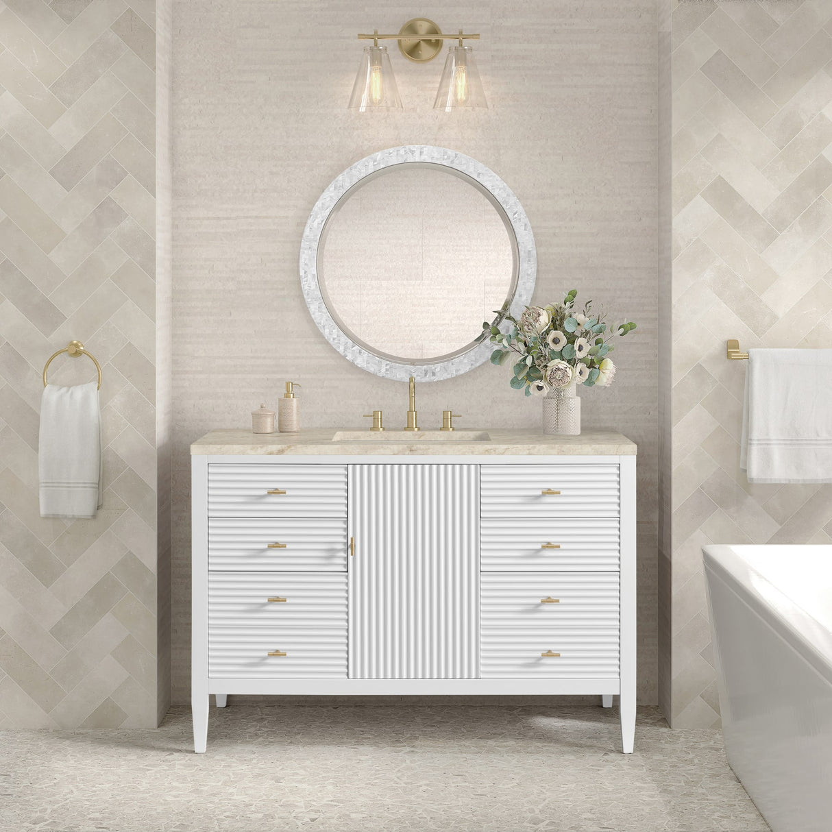 Myrrin 48" Single Vanity, Bright White, w/ 3 CM Tajnar Eclos Top w/FreePower Wireless Charger