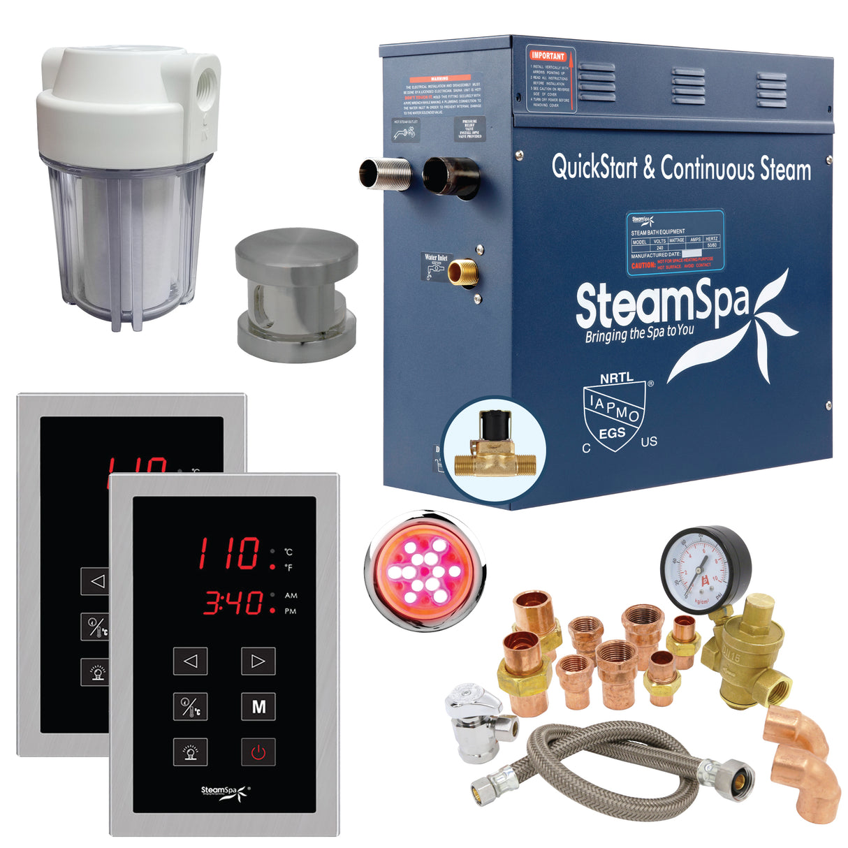 SteamSpa Executive 9 KW QuickStart Acu-Steam Bath Generator Package with Built-in Auto Drain and Install Kit in Brushed Nickel | Steam Generator Kit with Dual Control Panel Steamhead 240V | EXT900BN-A EXT900BN-A