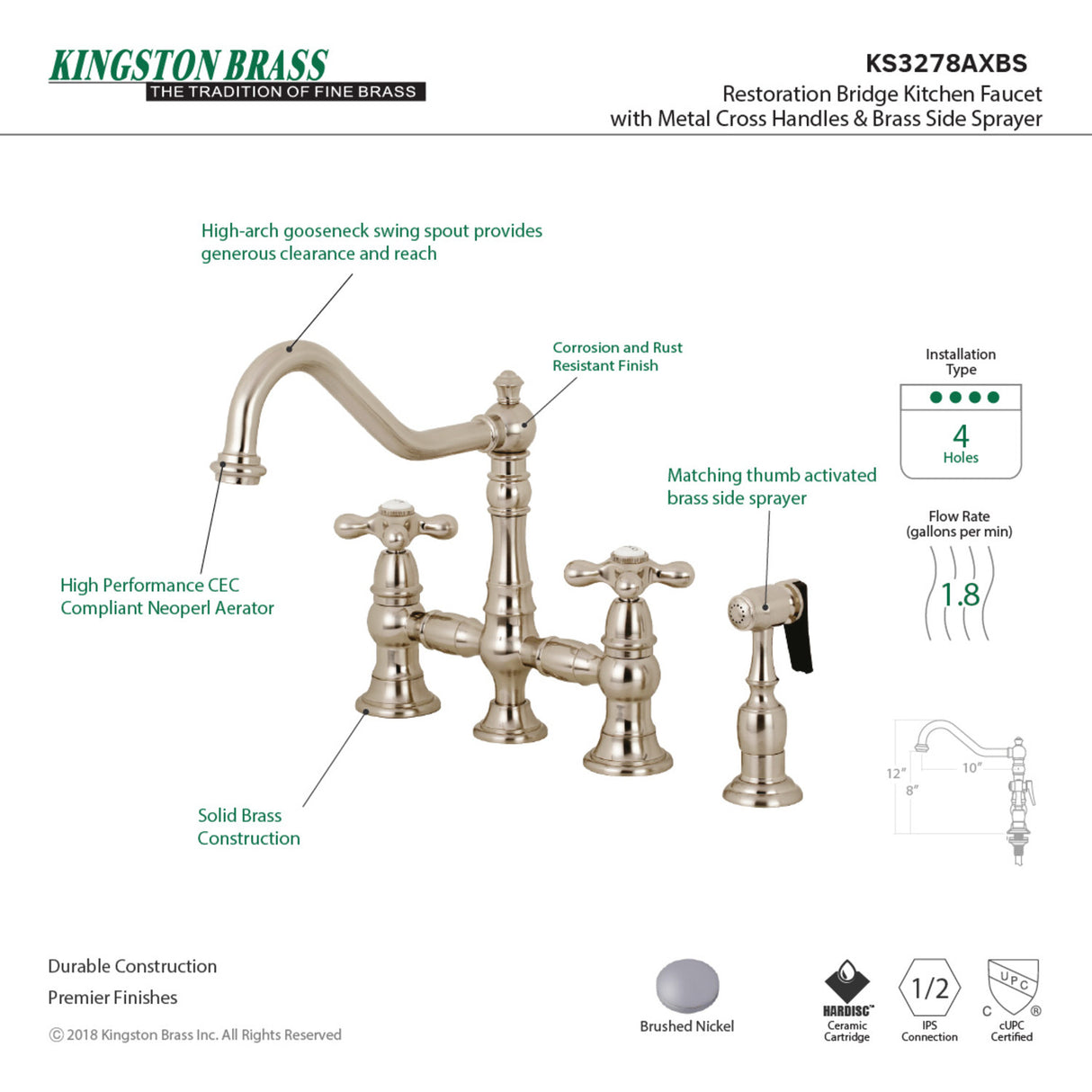 Kingston Brass KS3278AXBS Restoration 8" Bridge Kitchen Faucet with Sprayer, Brushed Nickel