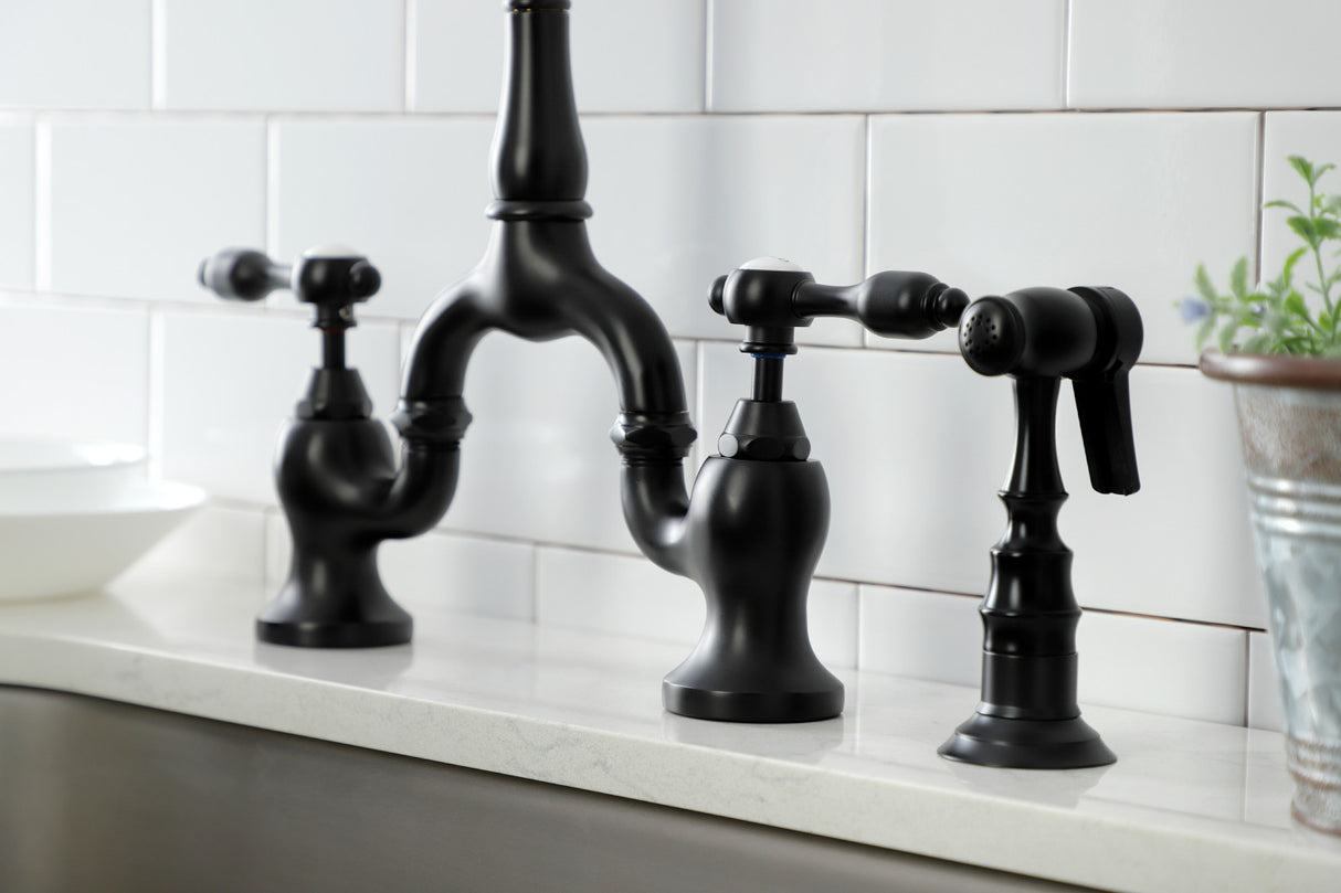 Kingston Brass KS7750TALBS Tudor Bridge Kitchen Faucet with Brass Sprayer, Matte Black