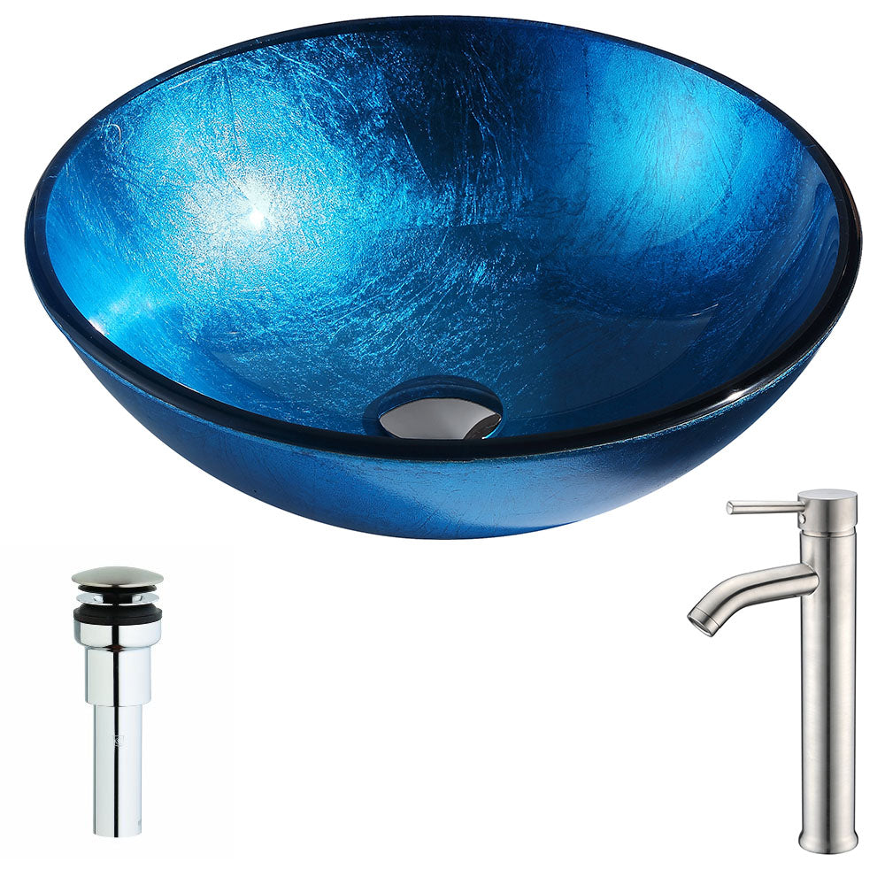 ANZZI LSAZ078-040 Arc Series Deco-Glass Vessel Sink in Lustrous Light Blue with Fann Faucet in Brushed Nickel