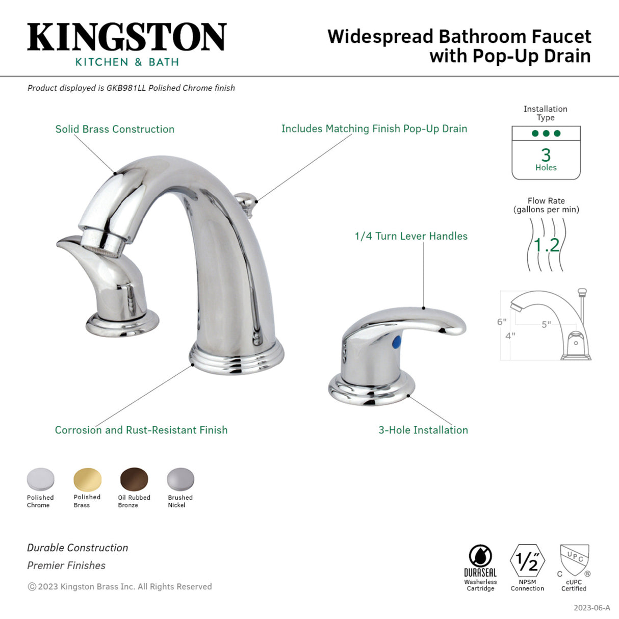 Kingston Brass GKB982LL Widespread Bathroom Faucet, Polished Brass