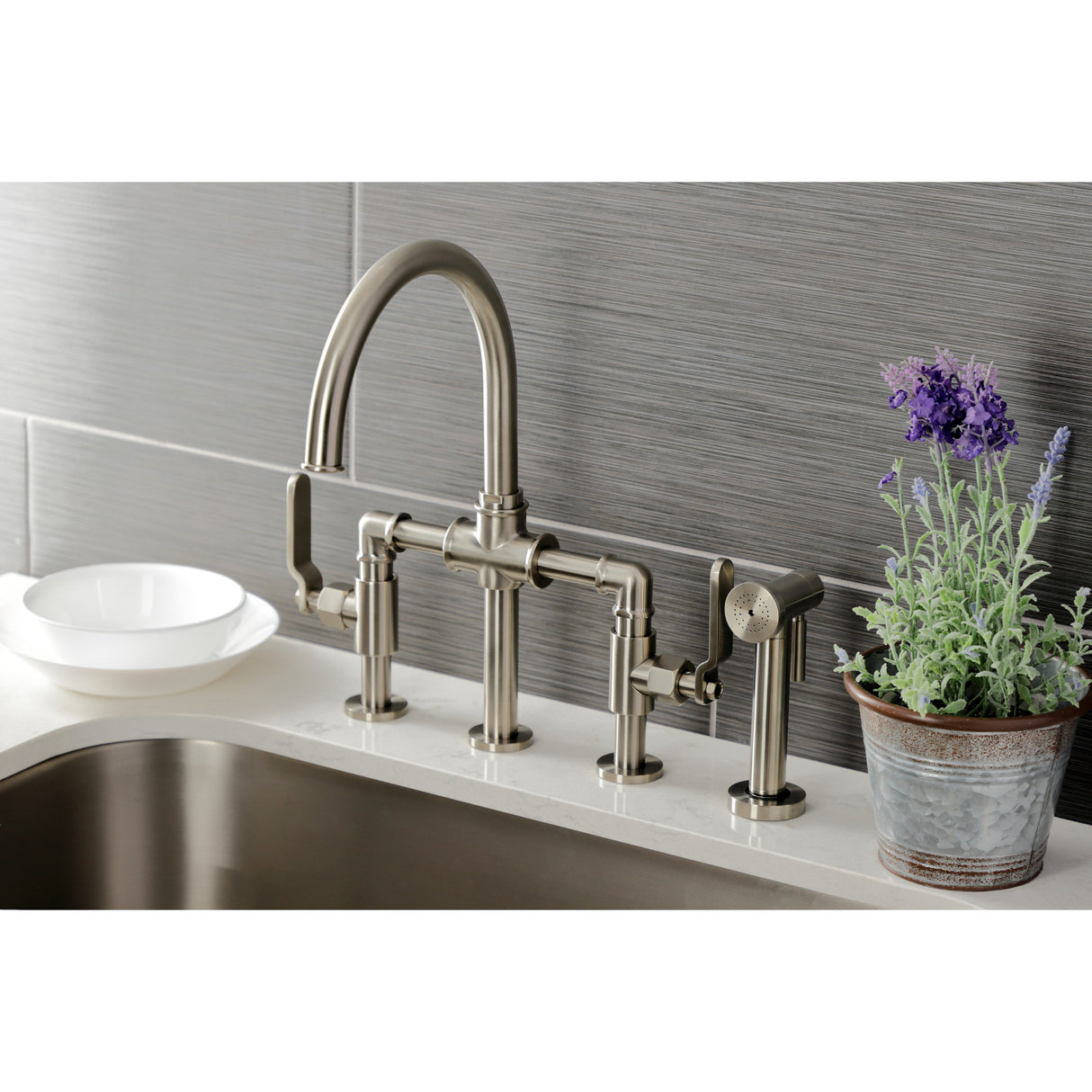 Kingston Brass KS2338KL Whitaker Industrial Style Bridge Kitchen Faucet with Brass Sprayer, Brushed Nickel