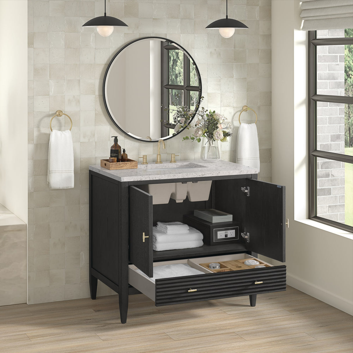 Myrrin 36" Vanity, Carbon Oak w/ 3 CM Eternal Jasmine Pearl Silestone Top