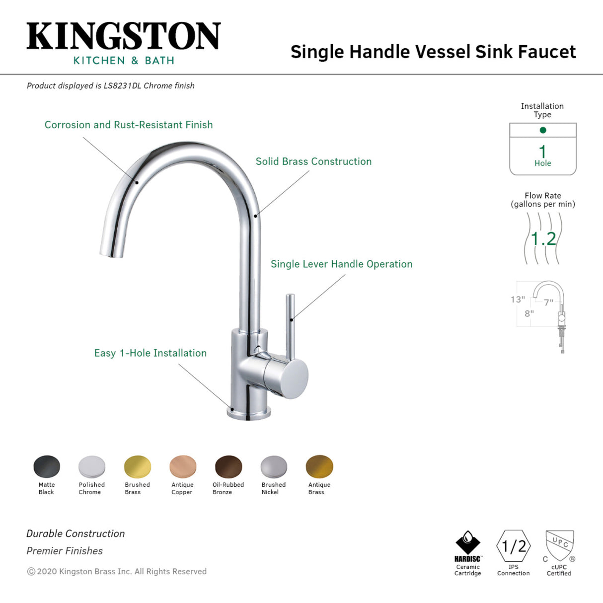 Fauceture LS8233DL Concord Single-Handle Vessel Faucet, Brushed Brass