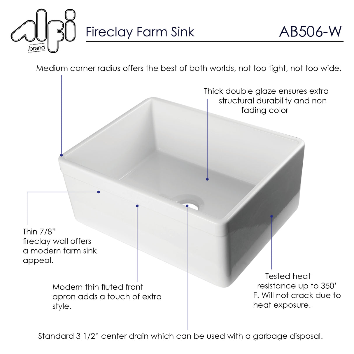 ALFI brand AB506-W White 26" Decorative Lip Apron Single Bowl Fireclay Farmhouse Kitchen Sink