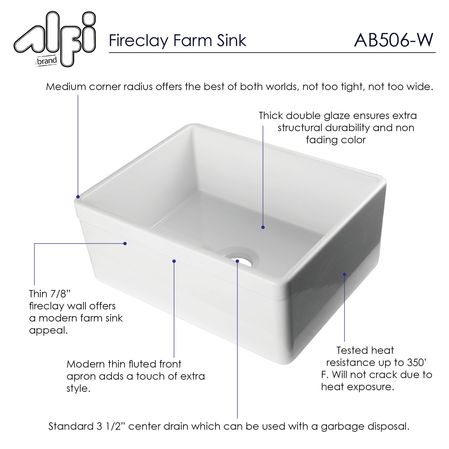 ALFI brand AB506-W White 26" Decorative Lip Apron Single Bowl Fireclay Farmhouse Kitchen Sink
