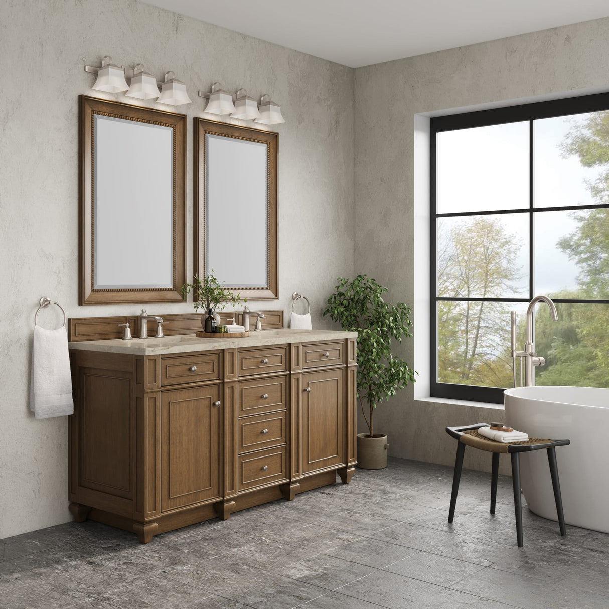 Bristol 60" Double Vanity, Saddle Brown, w/ 3 CM Tajnar Eclos Top