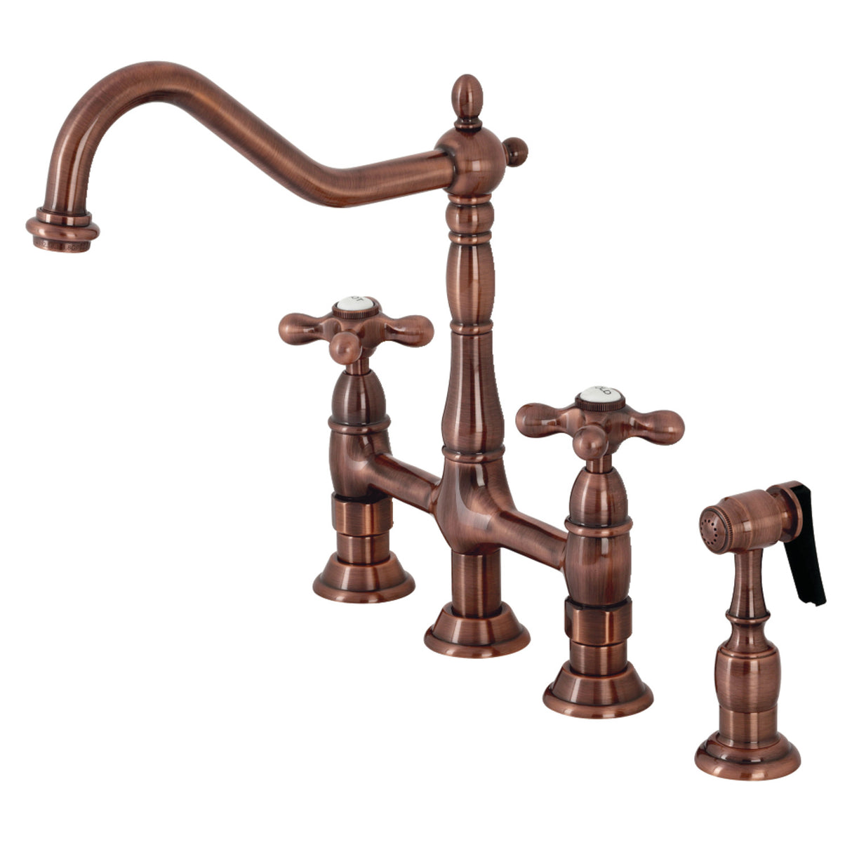Kingston Brass KS127AXBSAC Heritage Bridge Kitchen Faucet with Brass Sprayer, Antique Copper