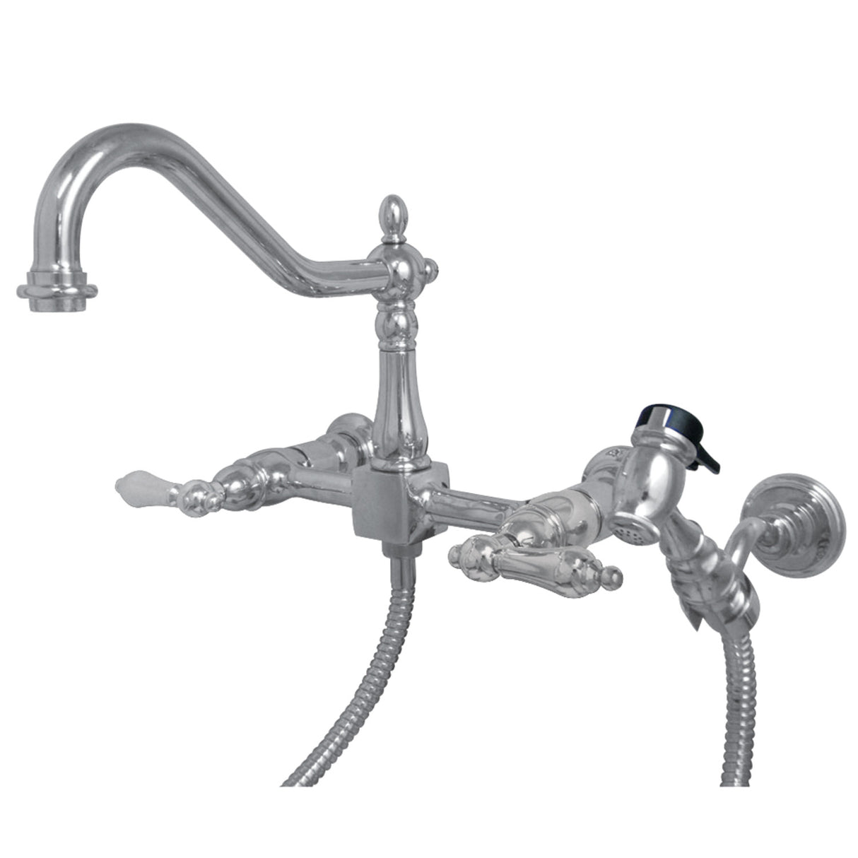 Kingston Brass KS1241ALBS Heritage Wall Mount Bridge Kitchen Faucet with Brass Spray, Polished Chrome