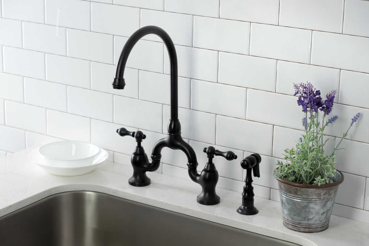 Kingston Brass KS7790ALBS English Country Kitchen Faucet with Brass Sprayer, Matte Black