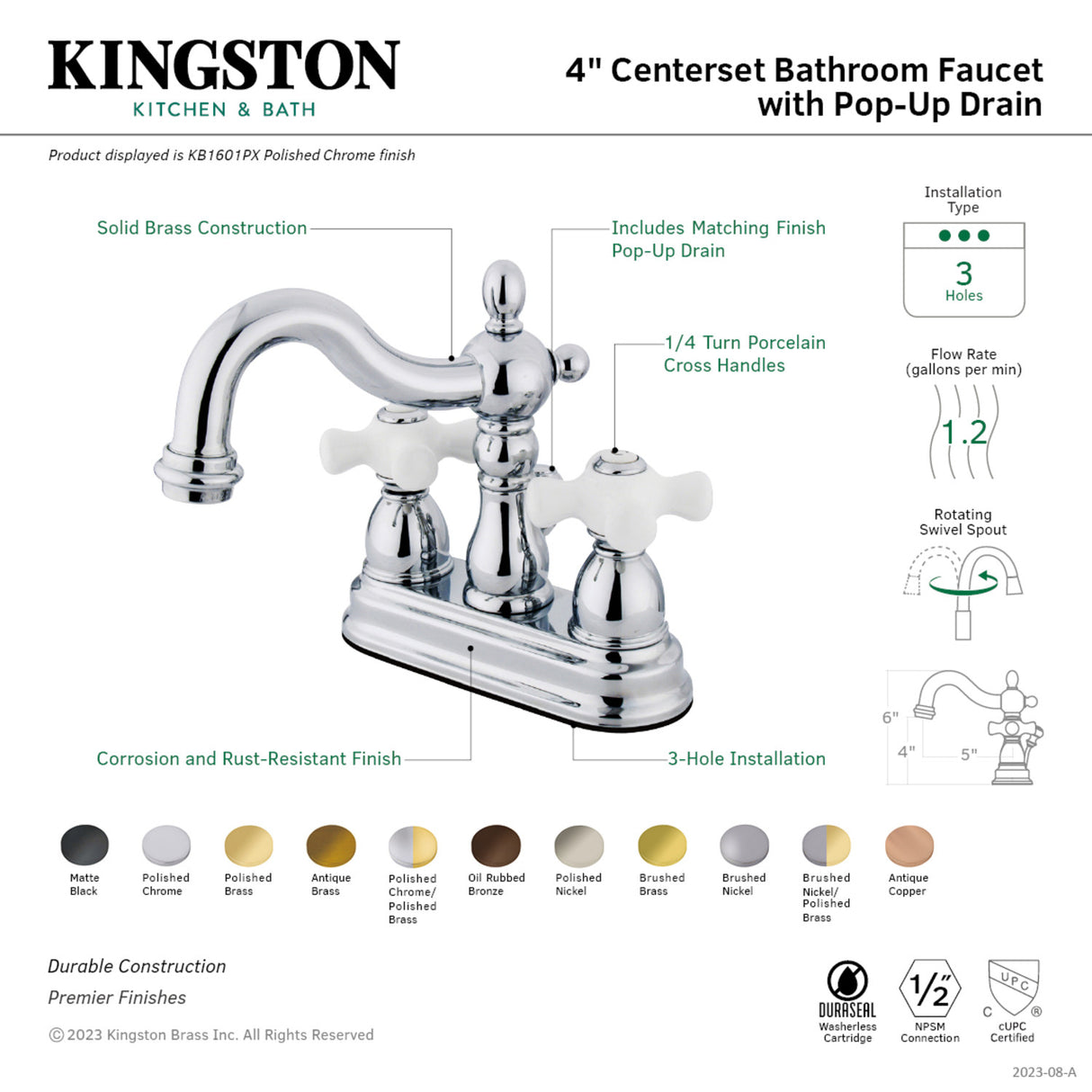 Kingston Brass KB1608PX Heritage 4 in. Centerset Bathroom Faucet, Brushed Nickel