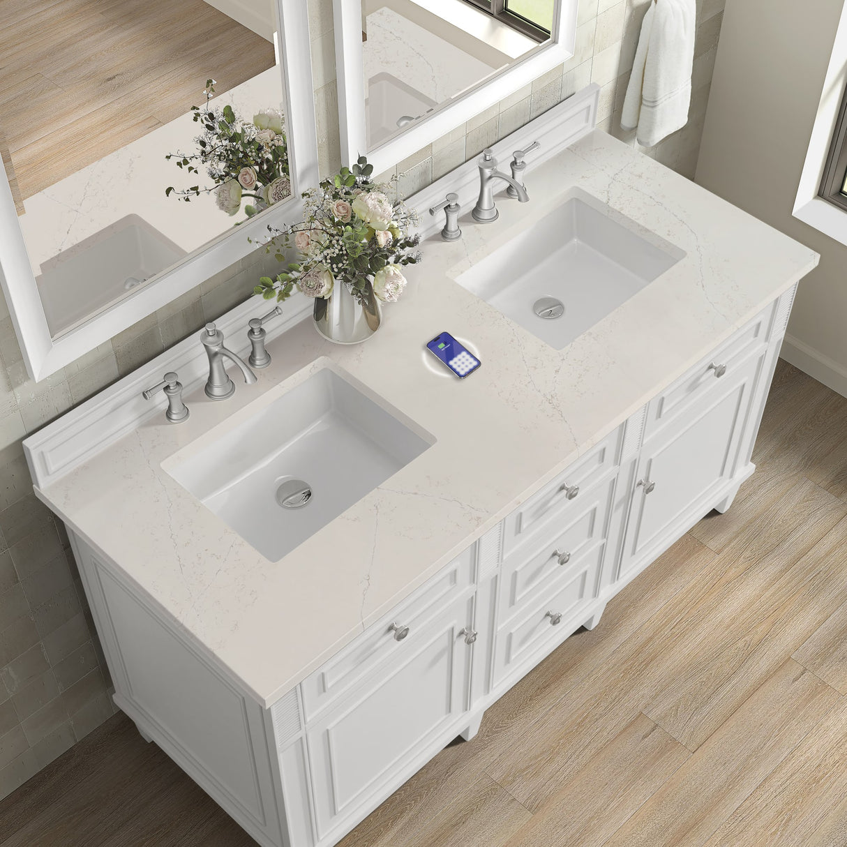 Lorelai 60" Double Vanity, Bright White, w/ 3 CM Siberian Silestone Top w/FreePower Wireless Charger