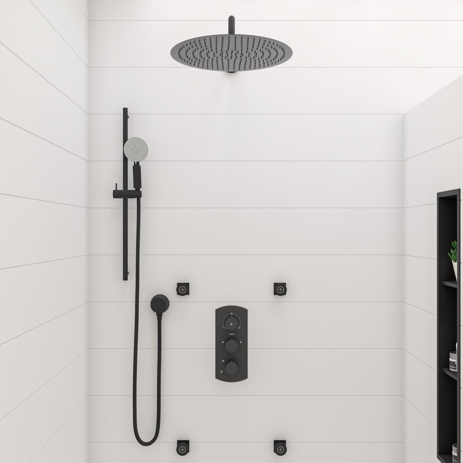 ALFI brand 8" x 36" Black Matte Stainless Steel Vertical Triple Shelf Bath Shower Niche