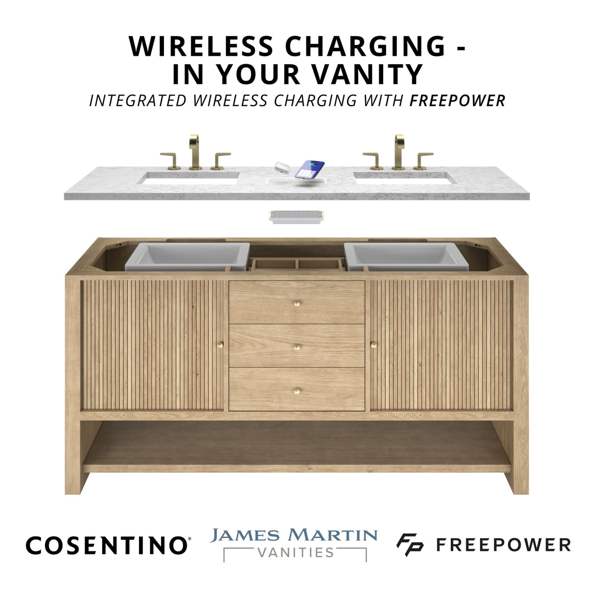 Bristol 72" Double Vanity, Bright White w/ 3 CM Victorian Silver Silestone Top w/FreePower Wireless Charger