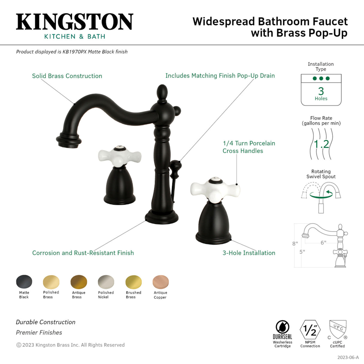 Kingston Brass KB1970PX Heritage Widespread Bathroom Faucet with Brass Pop-Up, Matte Black