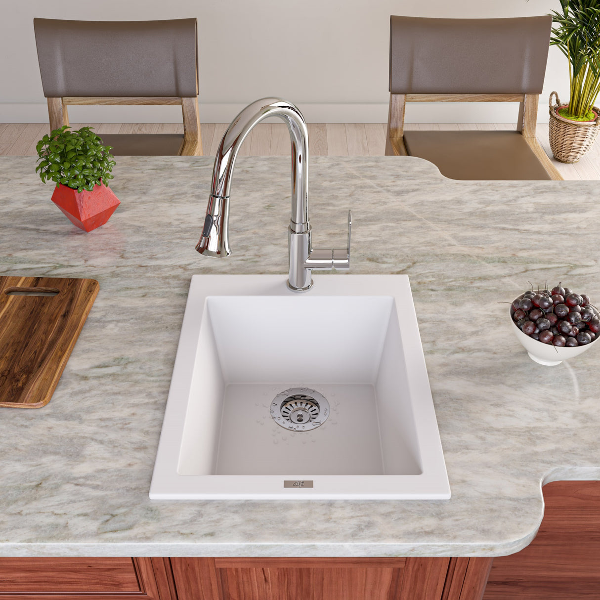 ALFI brand AB1720DI-W White 17" Drop-In Rectangular Granite Composite Kitchen Prep Sink