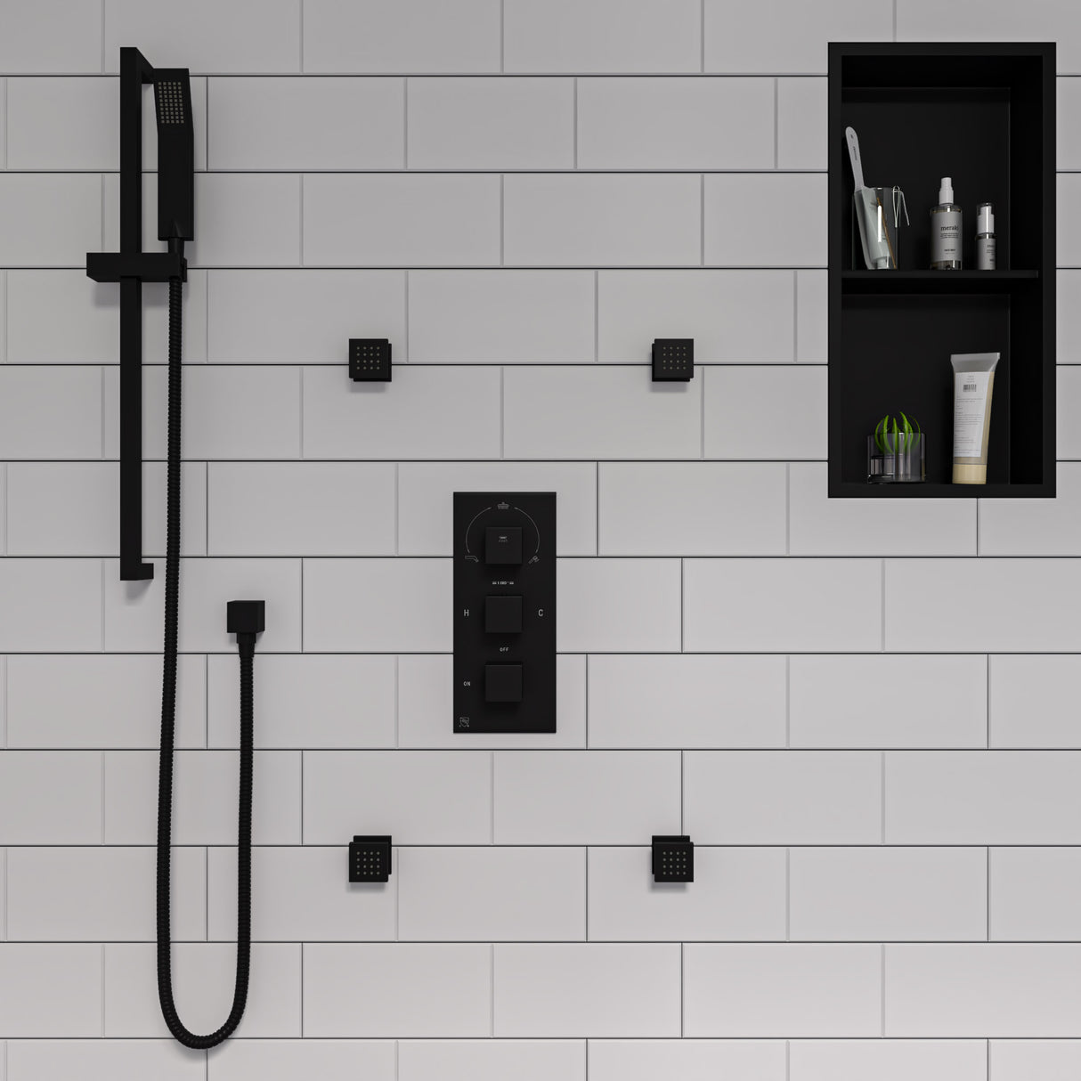 Black Matte 3-Way Thermostatic Valve Shower Mixer Square Knobs